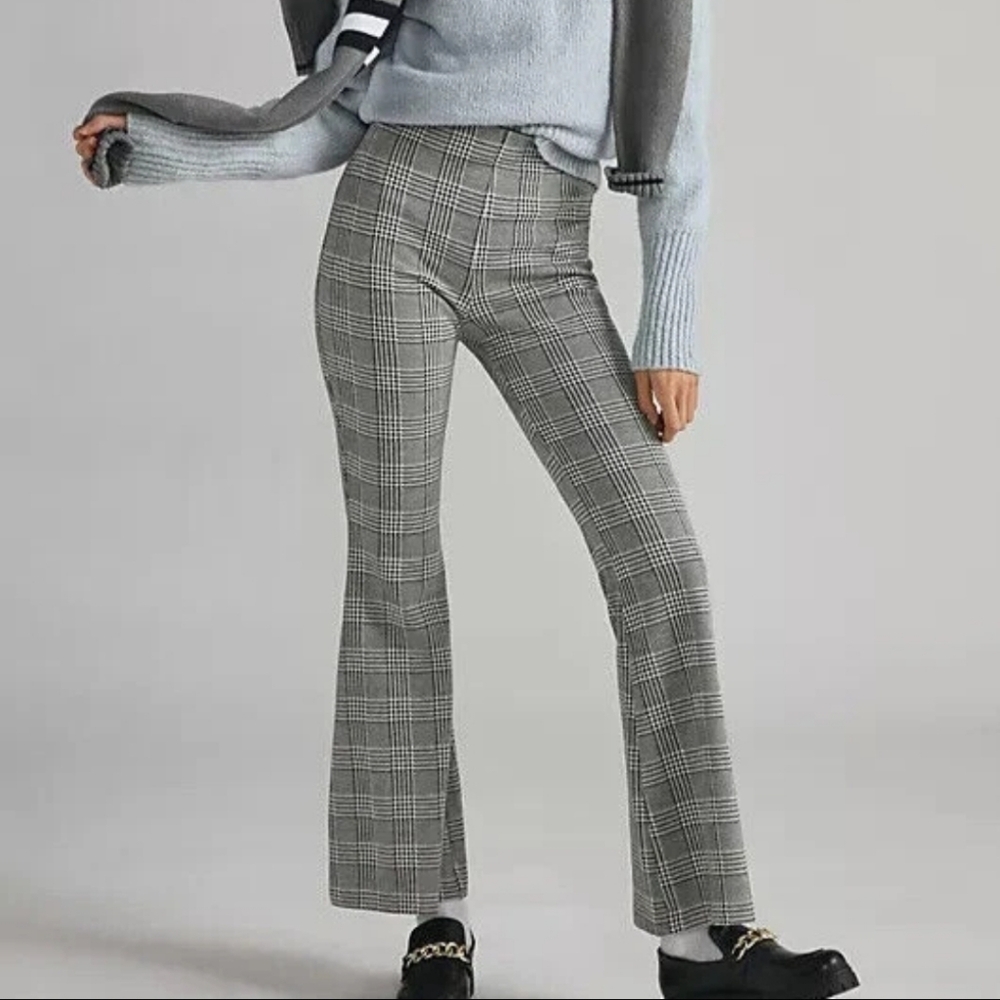 Anthropologie Maeve Plaid Black Gray White Pants Pull On Flare Sz M Preppy